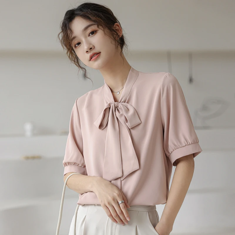 

Women's Elegant Bow Collar Short Sleeve Shirt Summer Solid Color Office Wear Shirt Lady Korean Style Blouse Top
