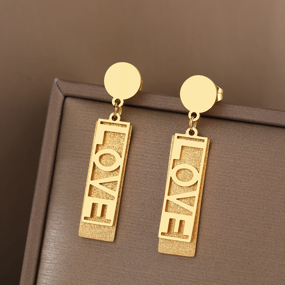 

Серьги из нержавеющей стали, Модные Изящные прямоугольные серьги-подвески с надписью «LOVE» и изображением прессованного песка, ювелирные из...