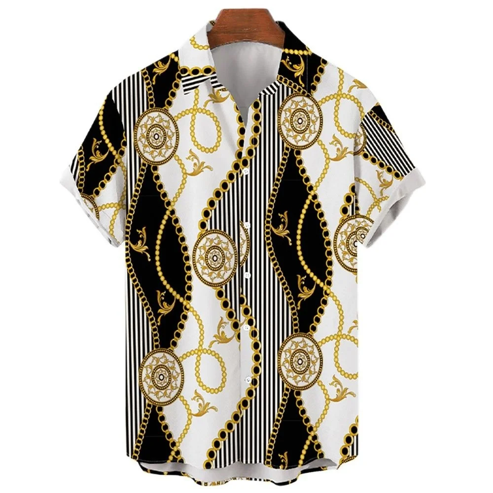 

Men's fashion hawaiian short sleeve gold chain shirts 3d printing blouse plus size casual summer beach 5xl men's shirts