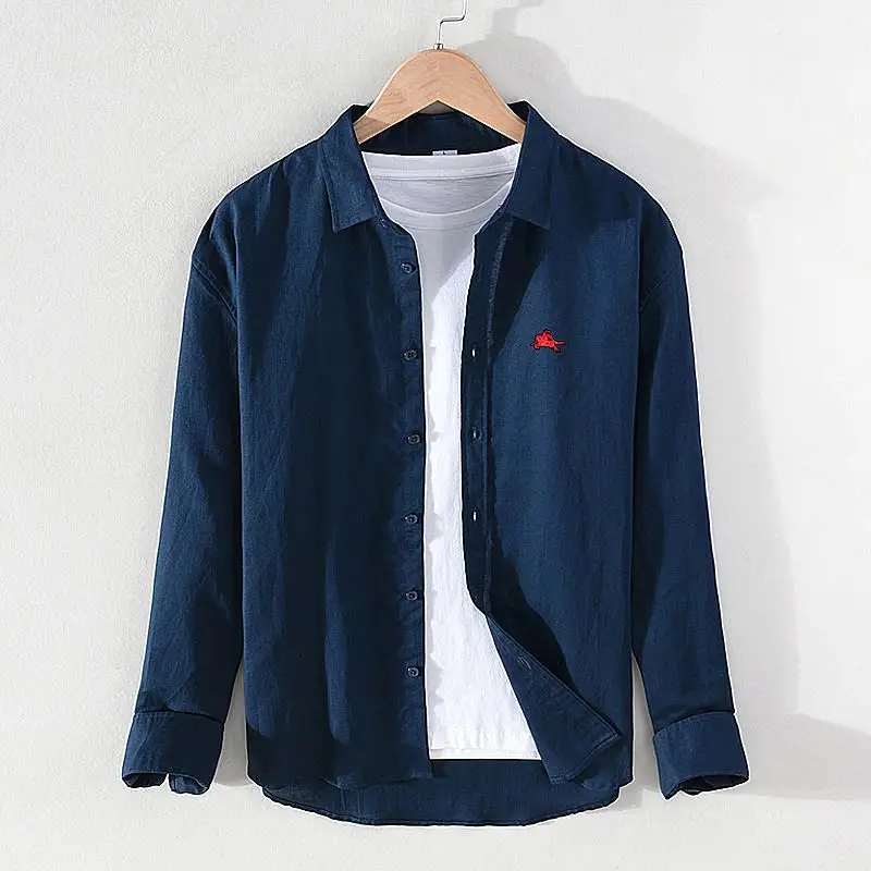 High Quality Embroidery-Logo Mens Shirts Solid Color Casual Long Sleeve Linen Cotton Shirts Hommes Blouse Fashion Clothing Tops