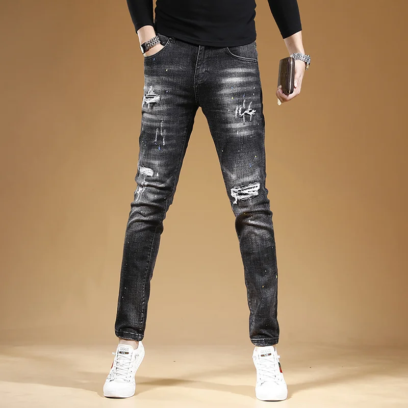 

Men Black Autumn Ripped Patches Jeans Fashion Dots Printed Slim Fit Pencil Pants Streetwear Casual Scratched Denim Trousers