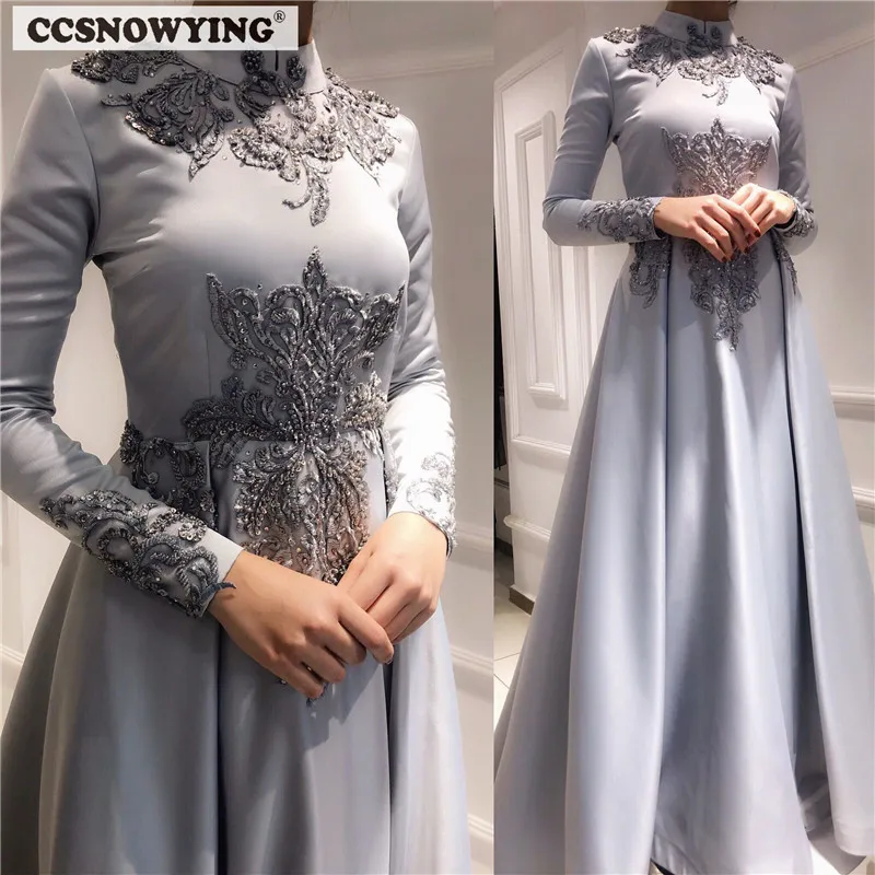 

Серебряные атласные вечерние платья с аппликацией и длинным рукавом в мусульманском стиле, исламский хиджаб, официальное платье, Арабский кафтан, вечернее платье
