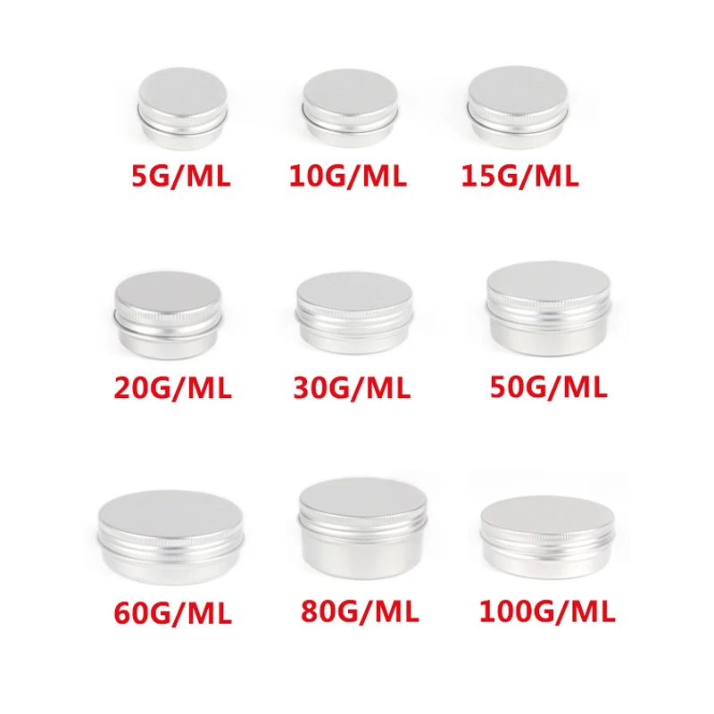 

10Pcs 5g 10g 15g 20g 30g 50g 60g 80g 100g Empty Aluminum Jars Screw Top Round Candle Spice Tins Cans Silver Comestic Containers
