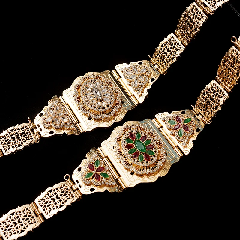 

New Moroccan Caftan Belts with Green Red Rhinestone Arabic Chic Body Jewelry Robe Wedding Bridal Belts Bijoux Gifts for Women