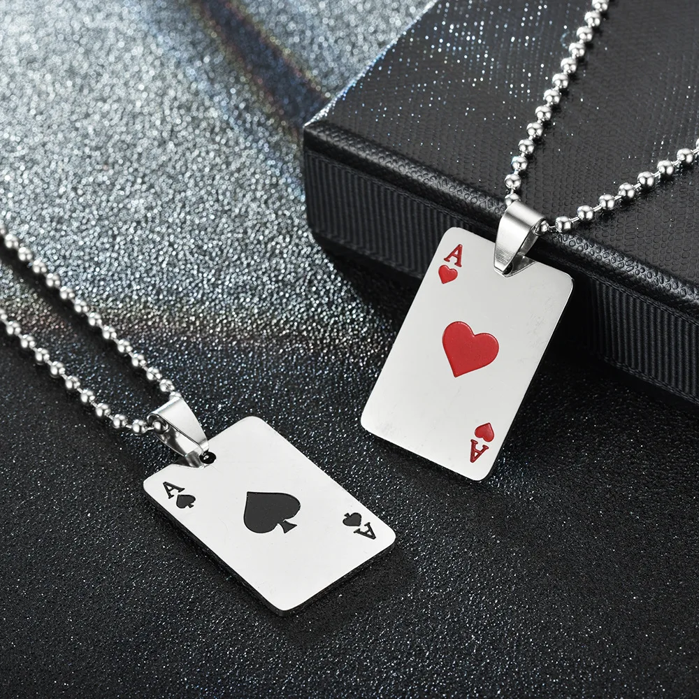 

Men Statement Poker Lucky Ace of Spades Pendant Necklace Red Black Color Stainless Steel Long Chain Necklaces Jewelry Wholesale