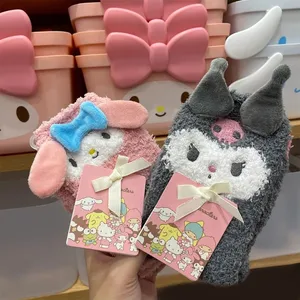 Kawaii My Melody Kuromi Home Socks Anime Cartoon Cinnamon Purin Doll Autumn Winter Warm Thicken Plush Girls Floor Socks Gift Toy