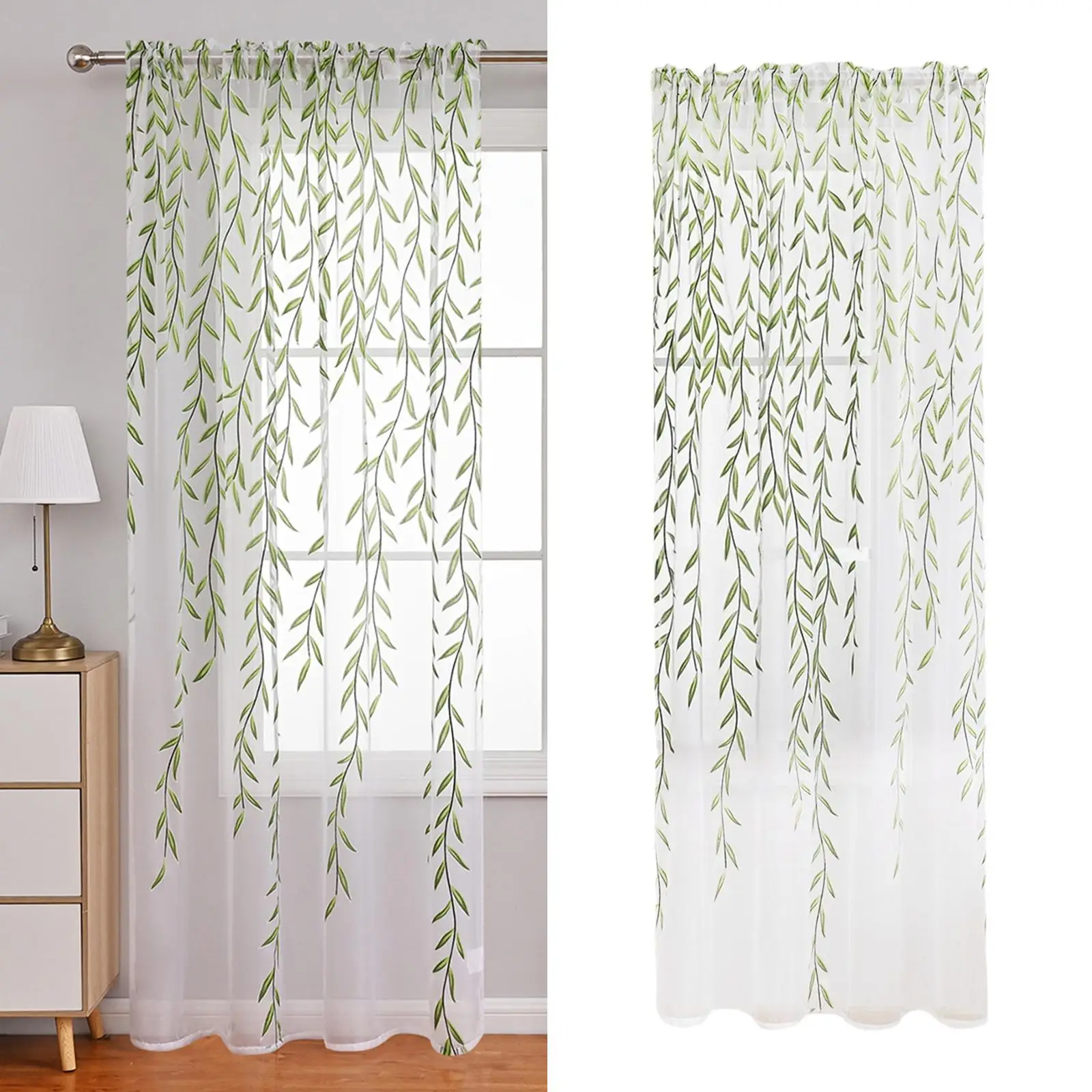 

Sheer Window Curtain Panels Green Window Treatment Willow Leaves Print for Bedroom Children Living