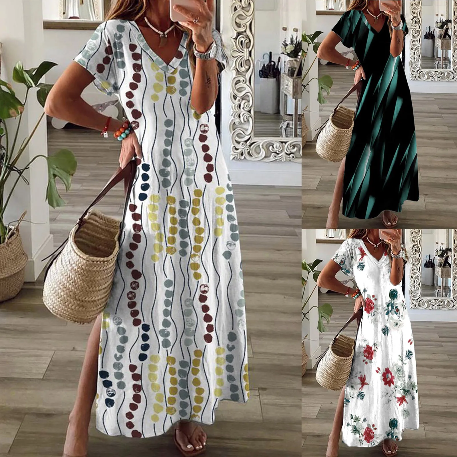 

Женское повседневное приталенное платье с принтом, V-образным вырезом и коротким рукавом, длинное праздничное платье на пуговицах, туника, п...