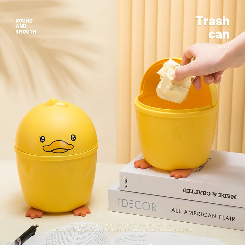 Desktop Trash Can Small Cartoon Little Yellow Duck Shape Home Office Desk Creative Mini Paper Basket Office Flip Storage Bucket
