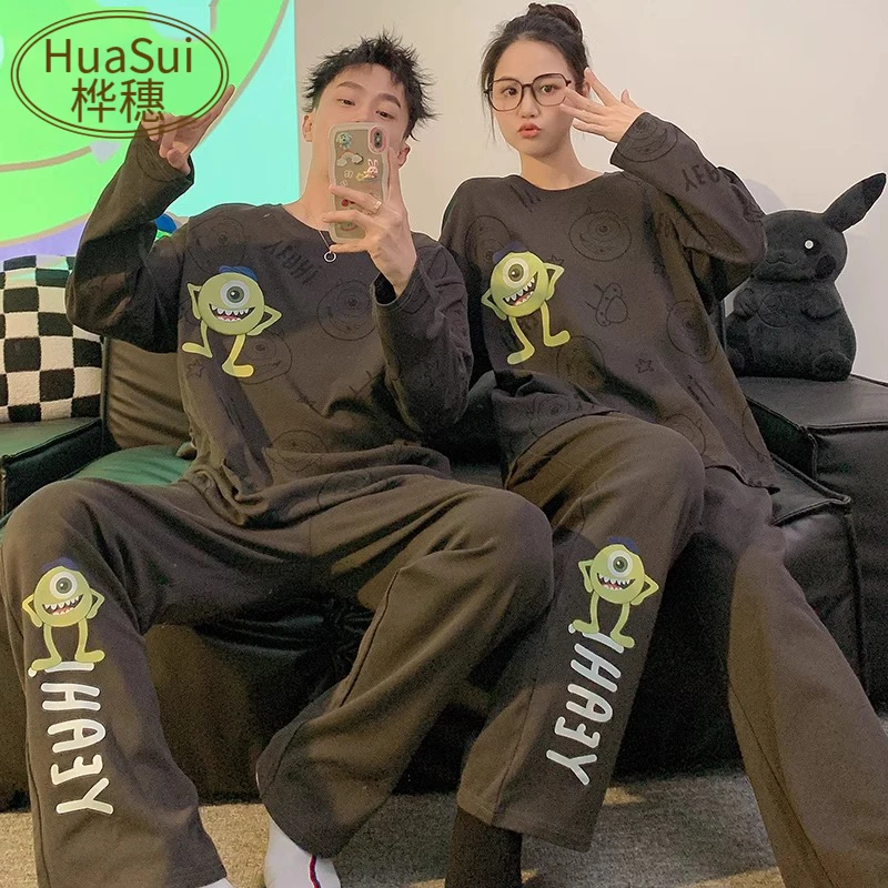 Japan fashion Ins Couple Pajamas Sponge Baby Spring and Autumn Women's Cartoon Long sleeve Trousers Cotton Home Wear Men