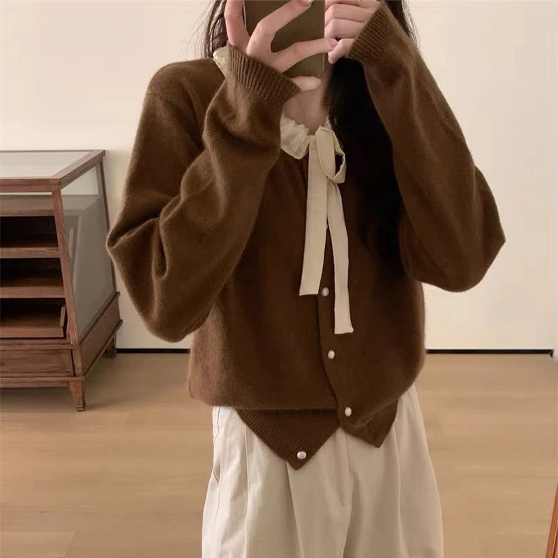 

Basic Cardigan V-Neck Lace Sweater Women Autumn Female Long Sleeve Grey Knitted Soft Fashion Pullover Preppy Style