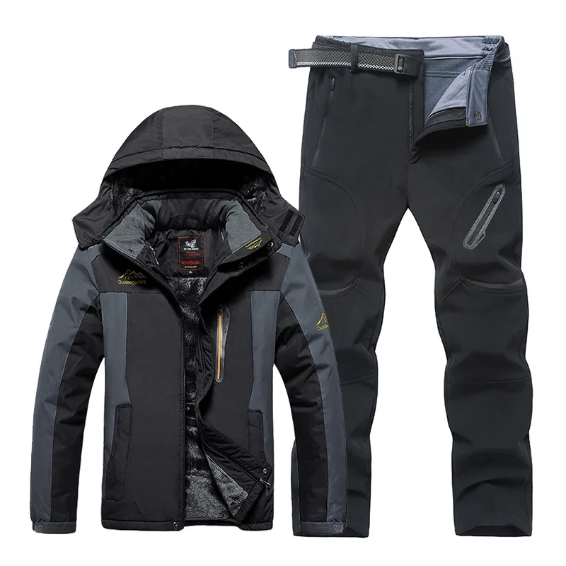 Mountaineering Suit Jacket and Pants Suit Winter Fleece Thickening Outdoor Jacket and Pants Suit Men's