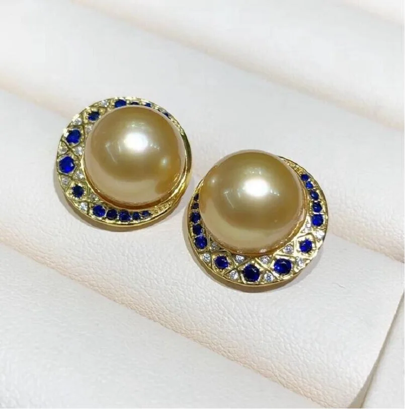 

Large amount of AAAA 11-12mm natural round gold South China Sea pearl earrings 925s
