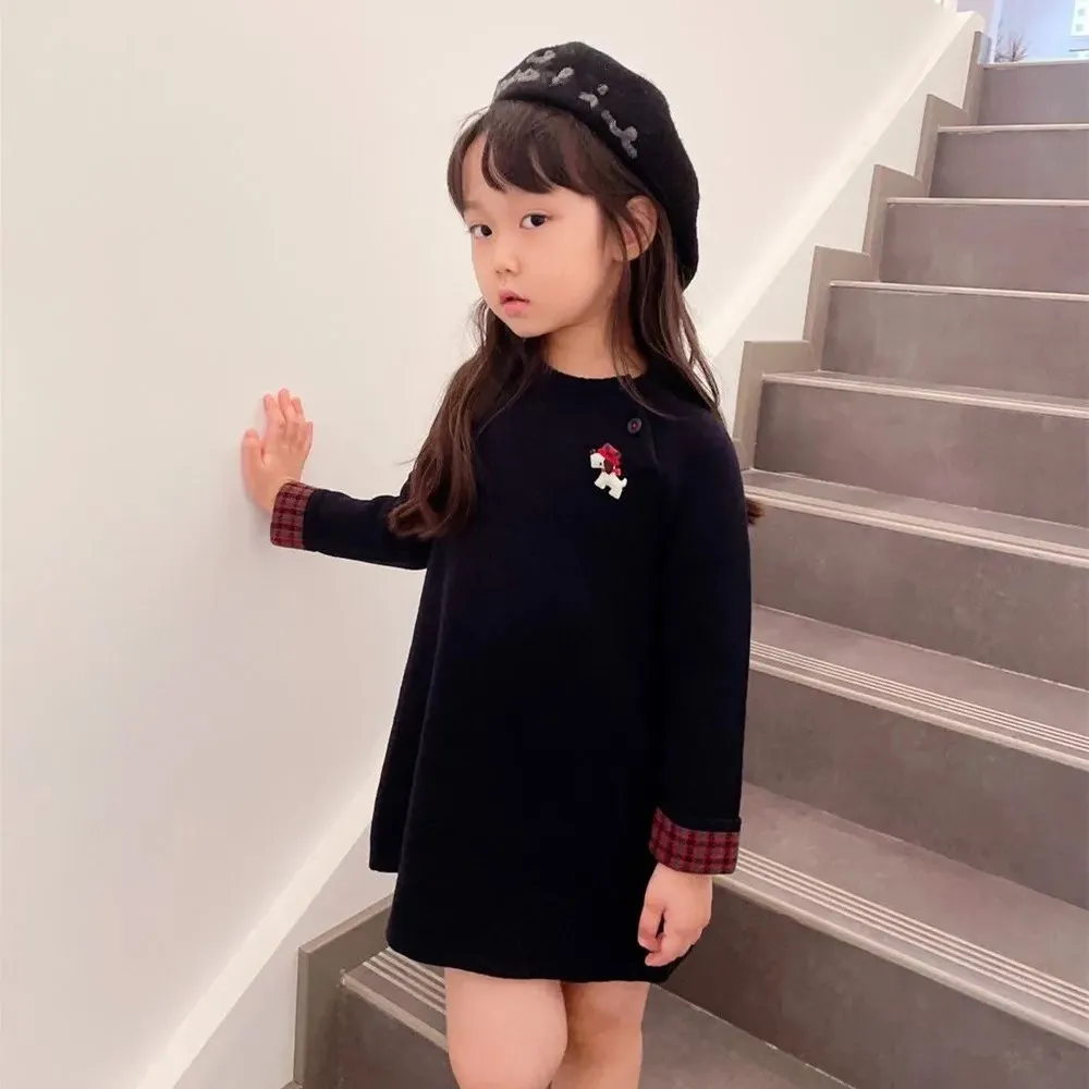

baby girl clothes Girls' pullover college wool knit long sweater dress puppy embroidered plaid cuff sweater
