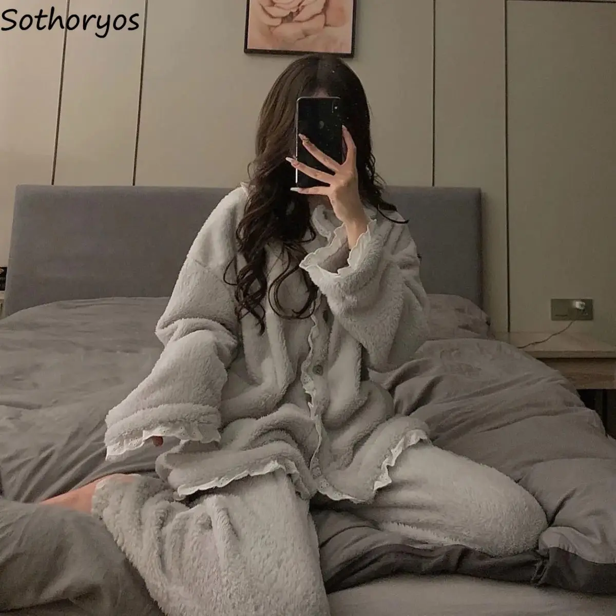 

Gray Furry Pajama Sets Women Soft Winter Warm Lace Loose Sweet Girlish Lovely Home Lounge Students Dormitory Ins Style Trendy