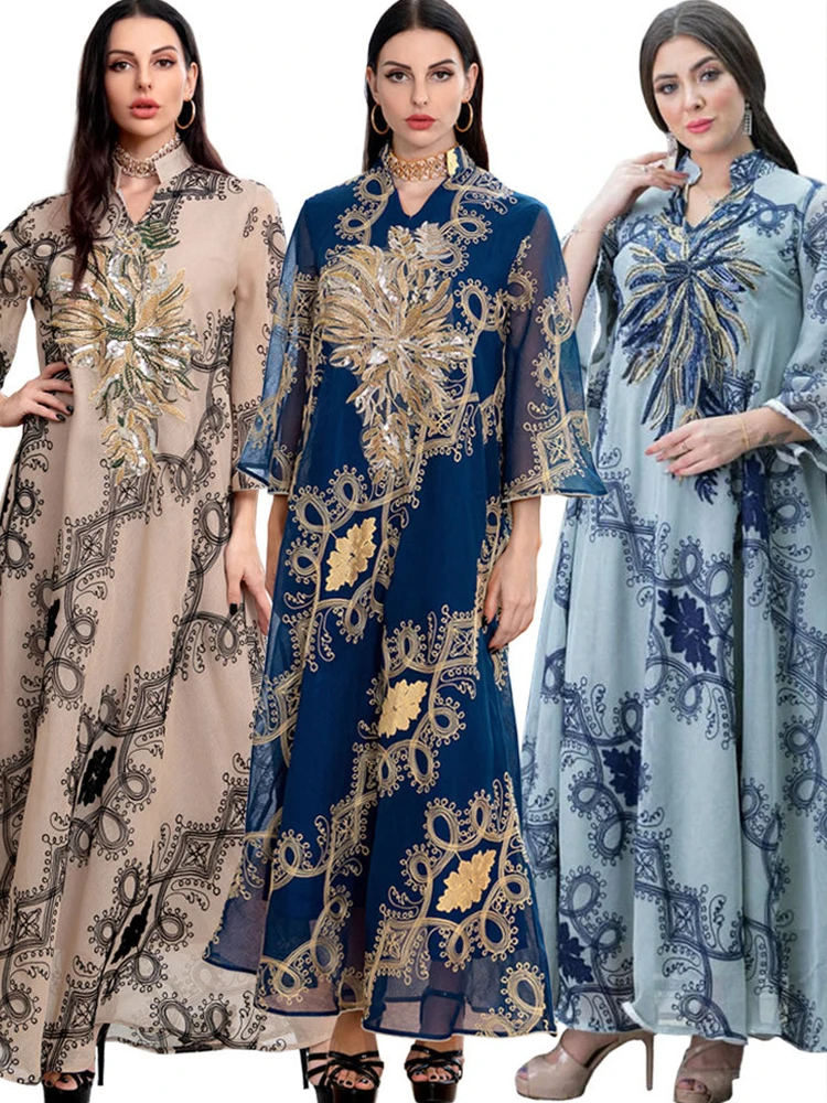Марокканское платье для женщин, Largos, мусульманская Абая, блестки, Bayas Hijab Дубай, Турция, ислам, кафтан, длинное платье, платья Рамадан