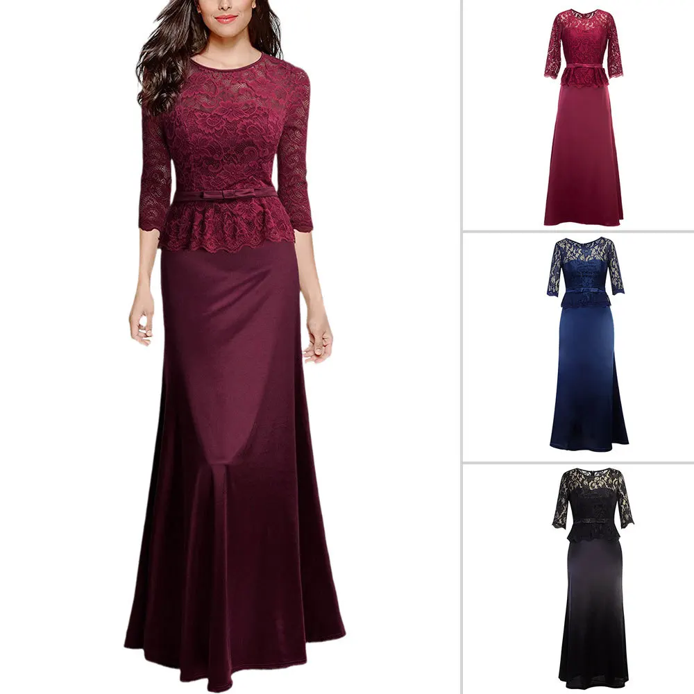 

2022Spring Fall Sexy Lace Cutout High Waist Elegant Dress Middle Sleeve O-Neck Pullover Dinner Evening Party Long A-Line Dresses