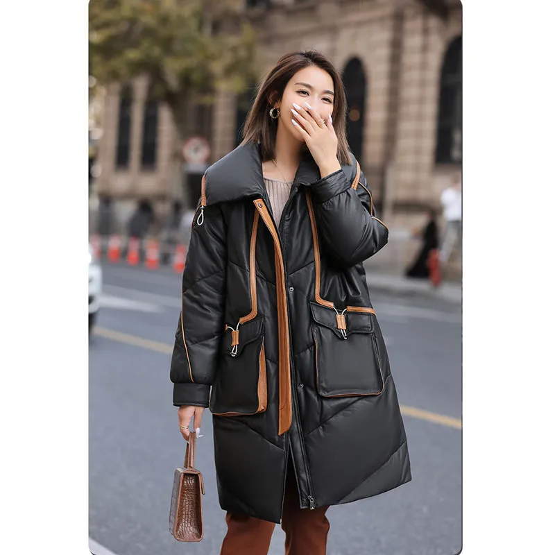 Leather Down Jacket Women's Winter Warm Sheepskin Coat Medium Length Profile Genuine Leather Coat Fashion Color Contrast Coat