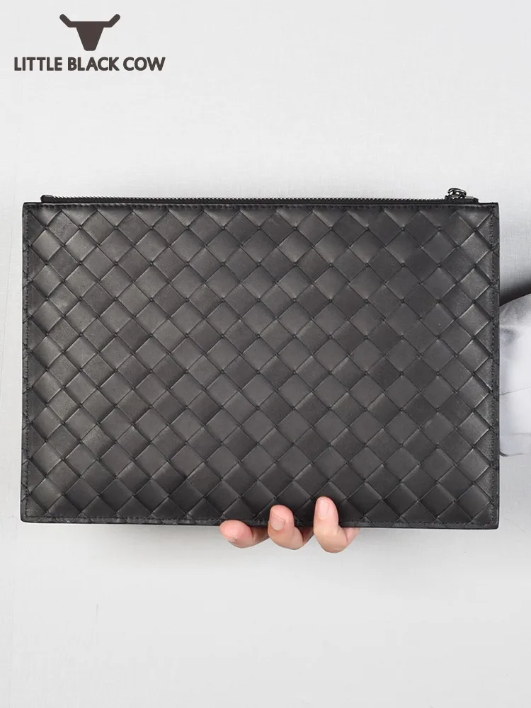 

Business Men Vintage Weave Envelope Bag Cowhide Genuine Leather Handbag Office Work Fashion Softshell Ultra-Thin Cluthes Bag