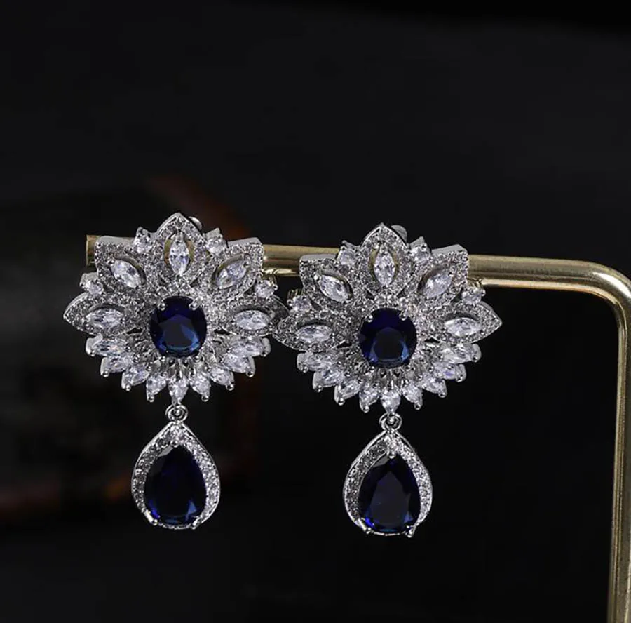 

22 new blue flower women vintage fine jewelry Luxury Retro Water Drop floral Zircon Stud Earrings best gift fashion