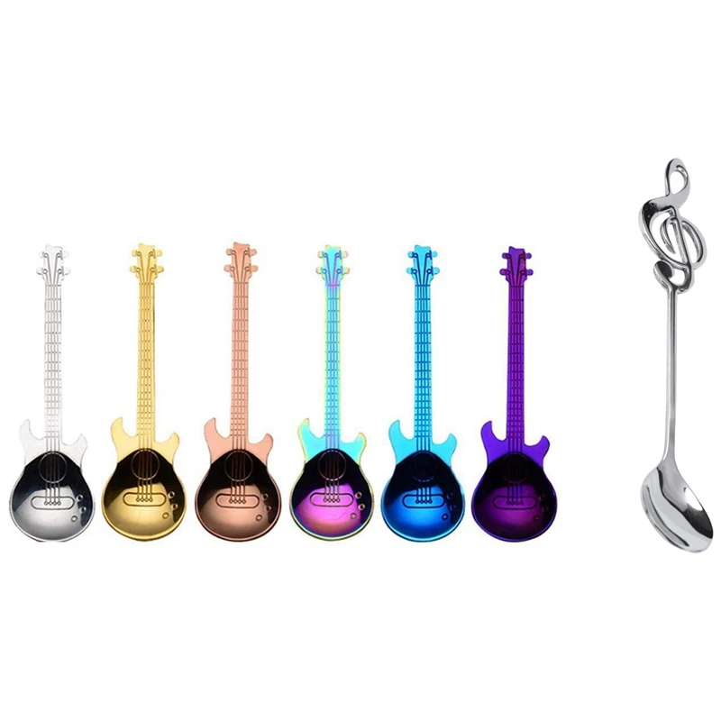

Разноцветная ложка для гитары LJL-6 Pcs, из нержавеющей стали, 8 шт., милая музыкальная чайная ложка, ложка для кофе