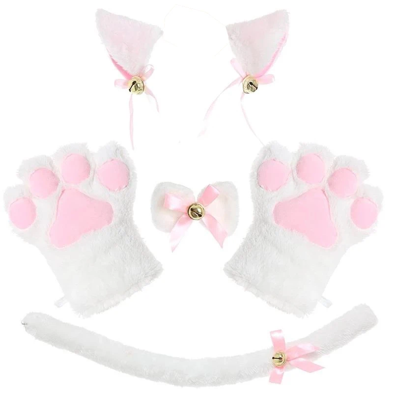 

1 Set Anime Cosplay Costume Cat Ears Plush Paw Claw Gloves Tail Bow-tie Cute Women Girls Party Easter Decor Accessories