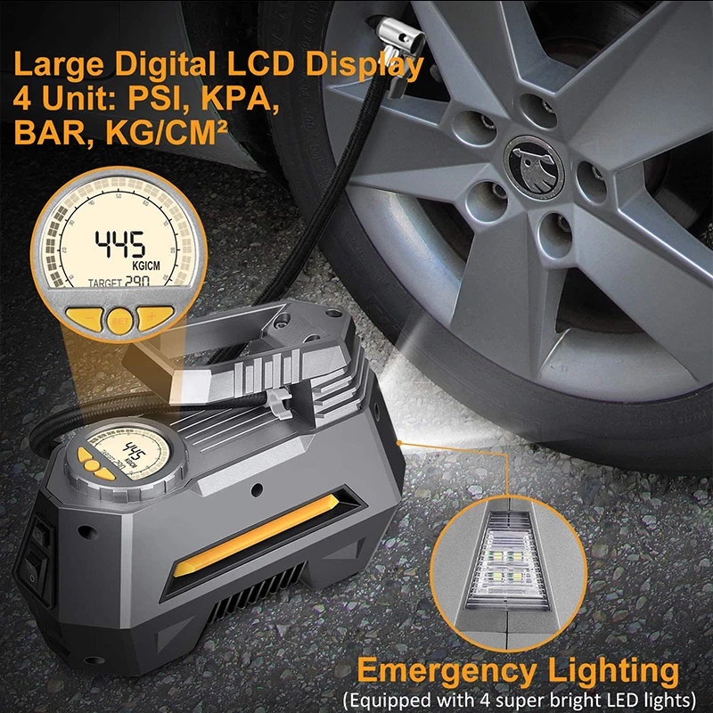 Портативный насос для автомобильных шин 12V электрический компрессор автоматического отключения с цифровым дисплеем и светодиодным освещением.