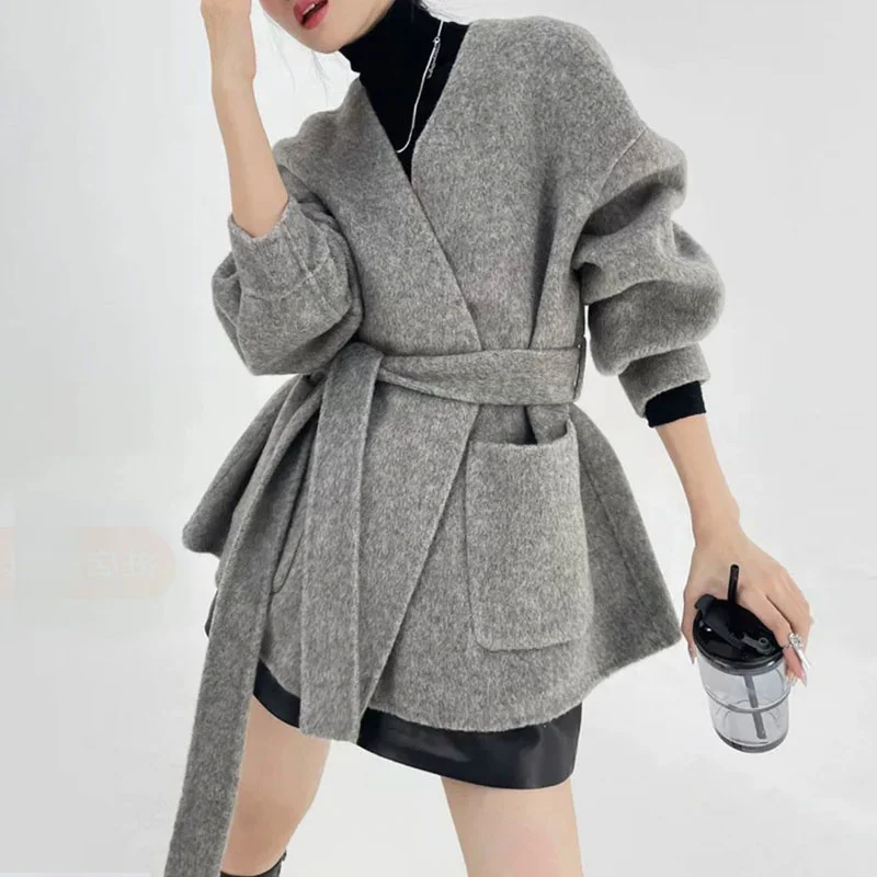 

Женское двустороннее кашемировое пальто в стиле Хепберн, Короткое шерстяное пальто с V-образным вырезом, новинка весны 2023