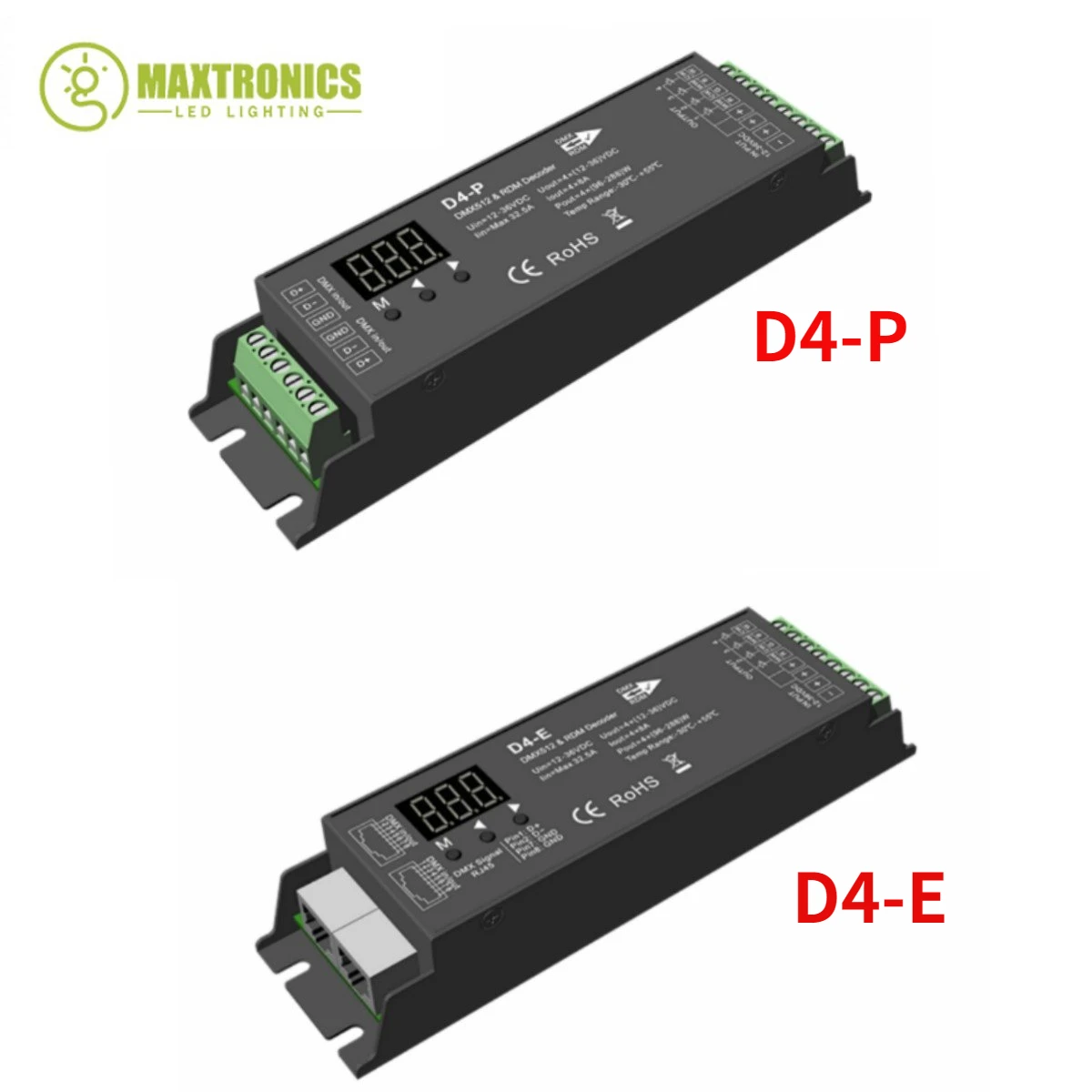 

D4-E 4 D4-P, контроллер декодера DMX и RDM с постоянным напряжением, цифровой дисплей XLR3, порт RJ45, вход постоянного тока 12-36 в, 8a * 4 канала