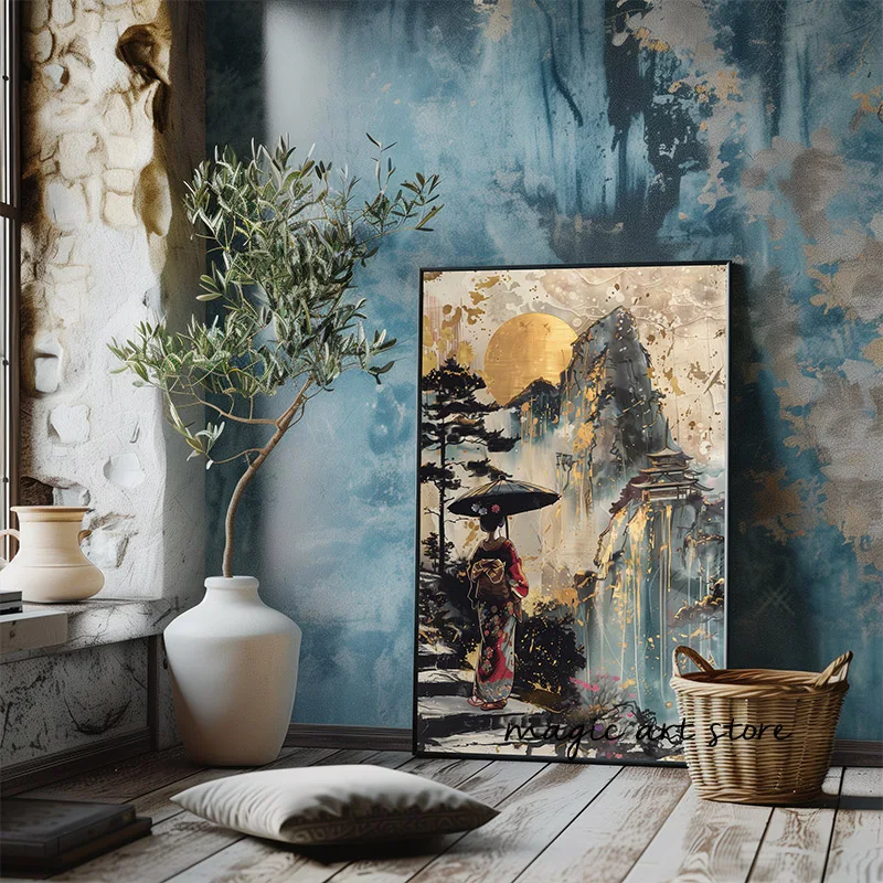 Ретро Moody японская геиша женщина Горный пейзаж картина Kanji художественный постер