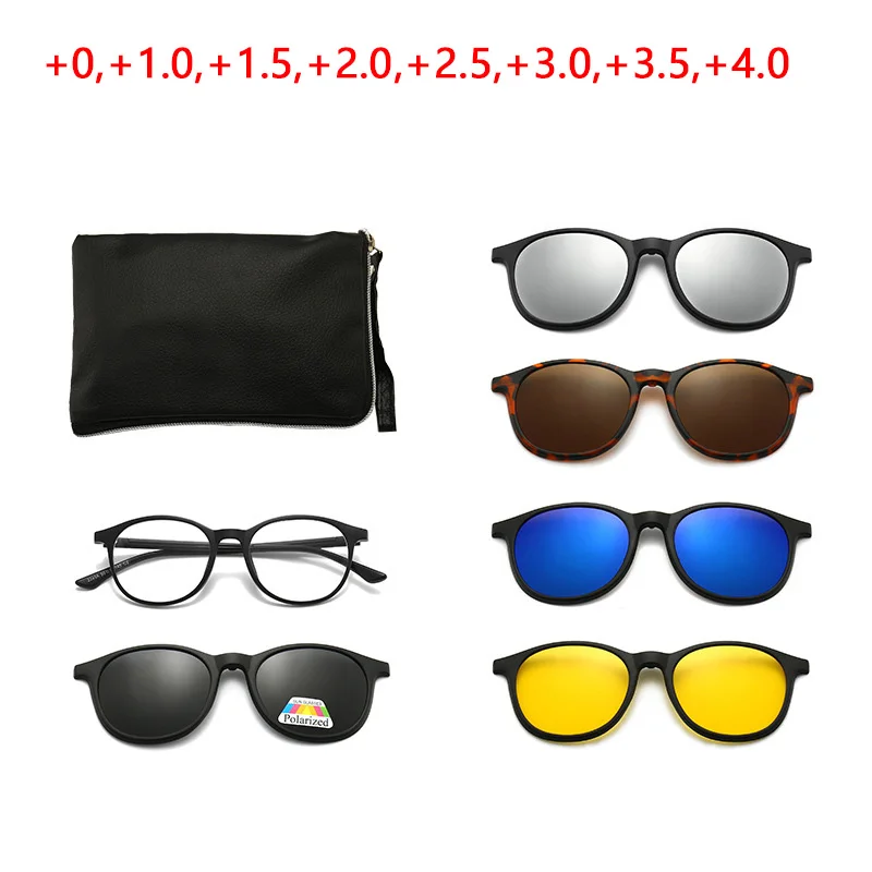 

5 Clips Magnet Hyperopia Sunglasses Men Reading Anti Blue Light Driving Glasses TR90 Frame Customize Prescription+1 +1.5 +3 +4