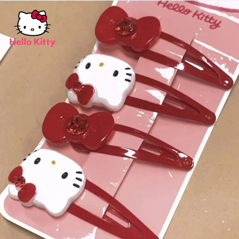 

Hello Kitty Hair Grip Retro Red KT Kitten Hairpin with Bow Cartoon Decoration Cute Girl Bobby Pin Bangs Clip Wild Headwear Tools