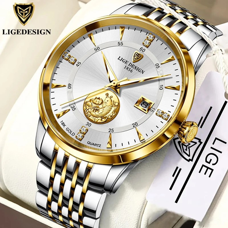 

Часы наручные LIGE Мужские кварцевые, модные роскошные модные водонепроницаемые, из нержавеющей стали, повседневные спортивные, с датой