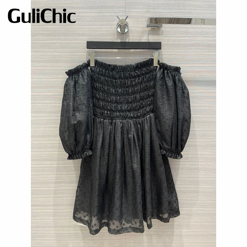 

5.27 GuliChic Women Elegant Black Off Shoulder Lantern Sleeve Jacquard Polka Dot Ruched Design Mini Dress