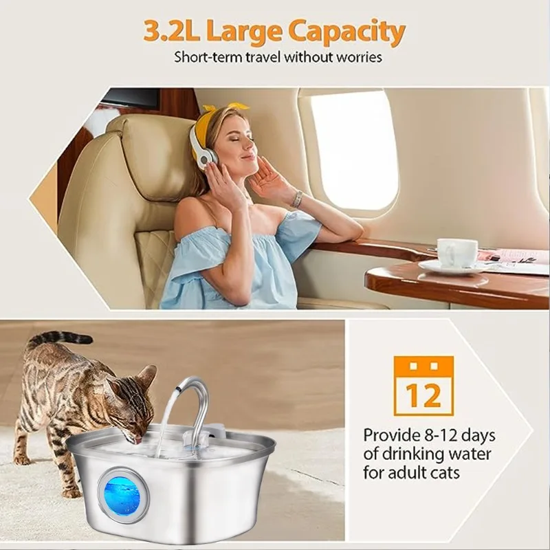 Водный фонтан для кошек с окном уровня воды 3.2L из нержавеющей стали в форме лодки