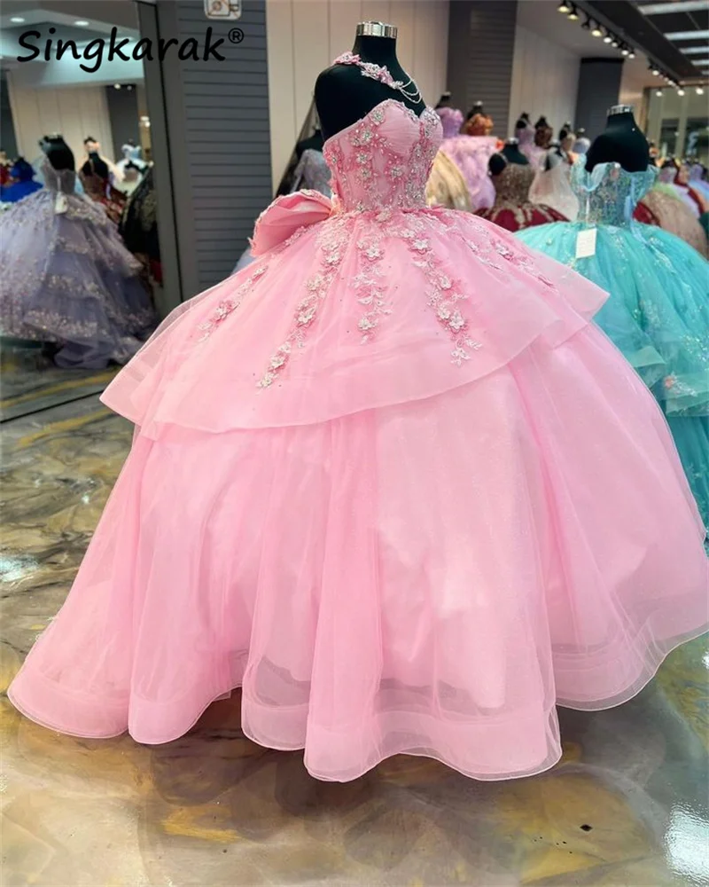 

New Pink Princess Quinceanera Dress With Bow Ball Gown Flowers Appliques Beading Crystals Pageant Sweet 15 Birthday Prom Party