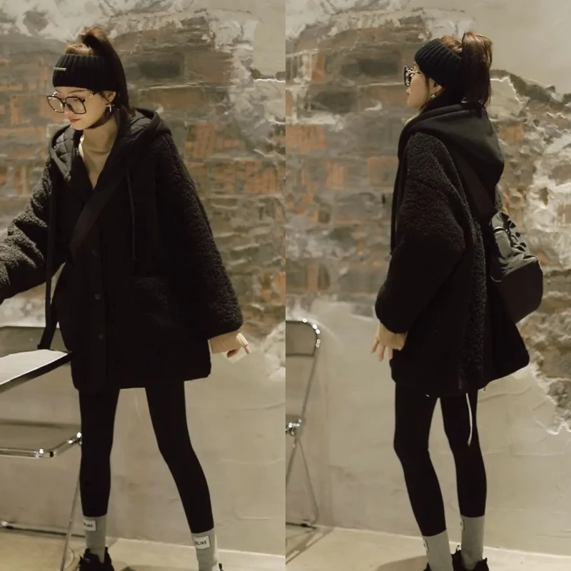 Oversize Winter Women's Coat Lamb's Fleece Jacket Cardigan Patchwork Fake Two Piece Hooded Sweatshirt Loose New Warm Thickening