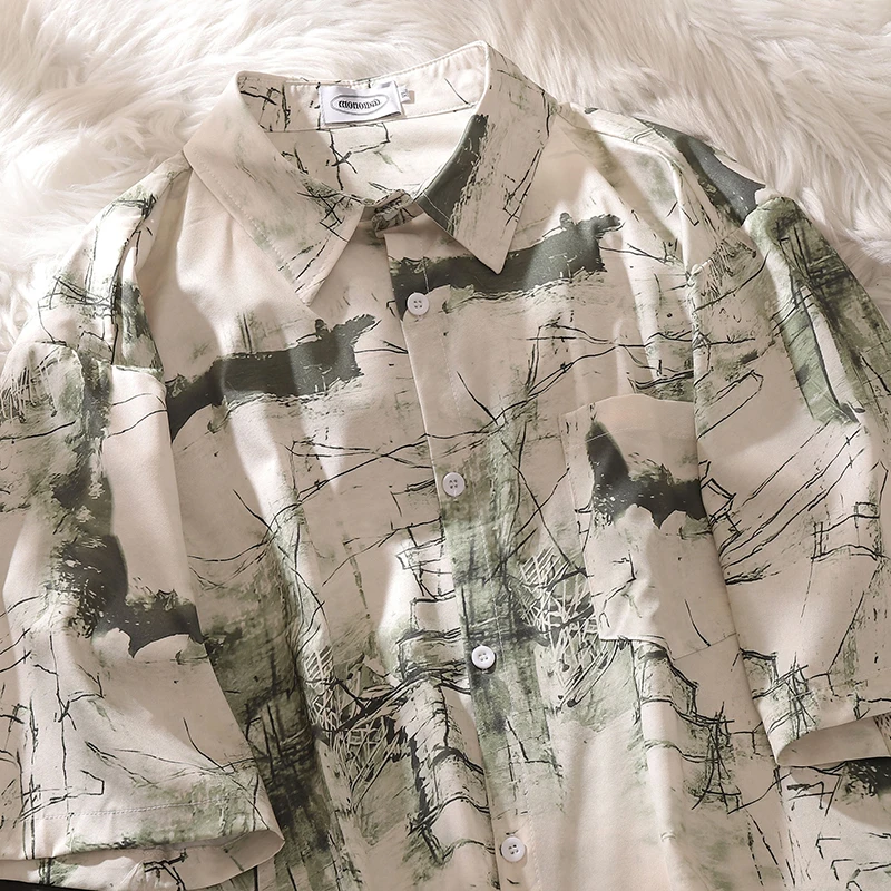 Chinese Sle Artistic Graffiti Short sleeve Shirts Women 2024 New Fashion Brand Loose Casual Couple Drape Half Sleeve Shirt |