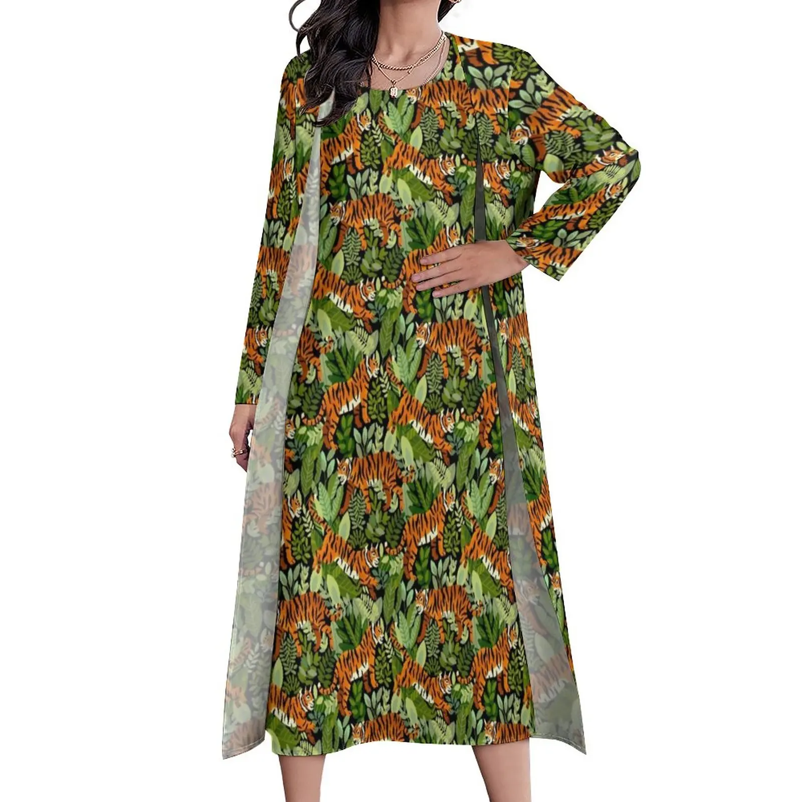 

Bengal Tiger Dress Autumn Green Jungle Print Street Wear Bohemia Long Dresses Female Pattern Vintage Maxi Dress Large Size