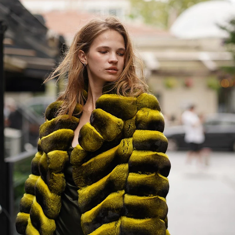 Genuine Yellow Rex Rabbit Fur Jacket Women Fashion Luxury Lapel Outertwear Strip Sewed Natural Real Chinchilla Fur Coat Female enlarge