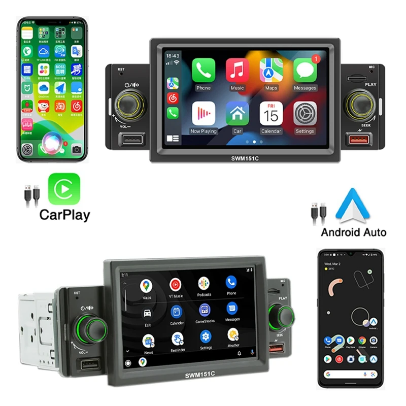 1 Din автомобильный радиоприемник Carplay 5 дюймов MP5 Bluetooth Hands Free A2DP USB FM Система 151C