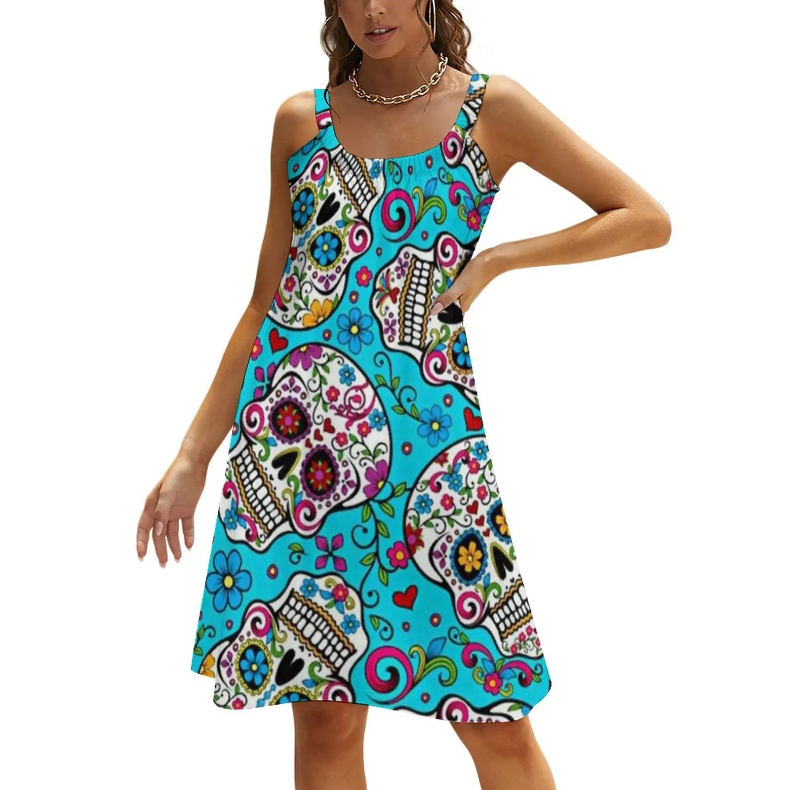 

Sugar Skull Print Dress Flowers Skulls Print Aesthetic Dresses Summer Printed Club Sundress Sleeveless Vestido Plus Size 3XL 4XL