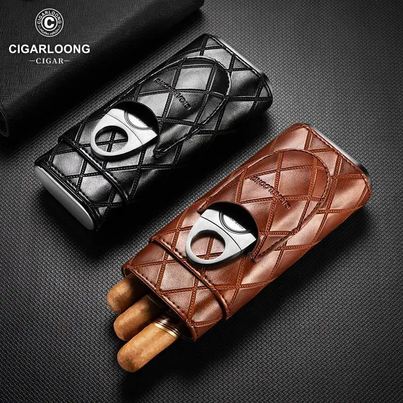 

High Grade Cedar Wood Lining Cigar Box Leather Case Sealed and Moisturizing, Portable 3-pack Configuration Cigar Scissors Set