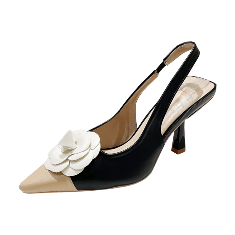 NIUFUNI Pointed Toe Camellia Elastic Strap Slingback Woman Sandals Mixed Color PU Leather Simple Dress Shoes Women's Pump Summer