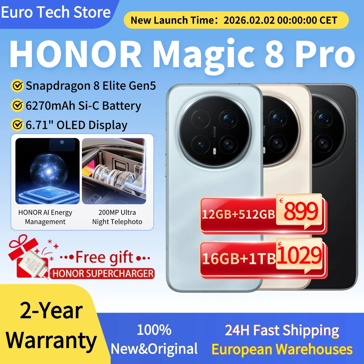 HONOR Magic 8 Pro 5G EU, Snapdragon 8 Elite Gen 5, cámara 200 MP, batería 6270 mAh 100 W, OLED 6.71 