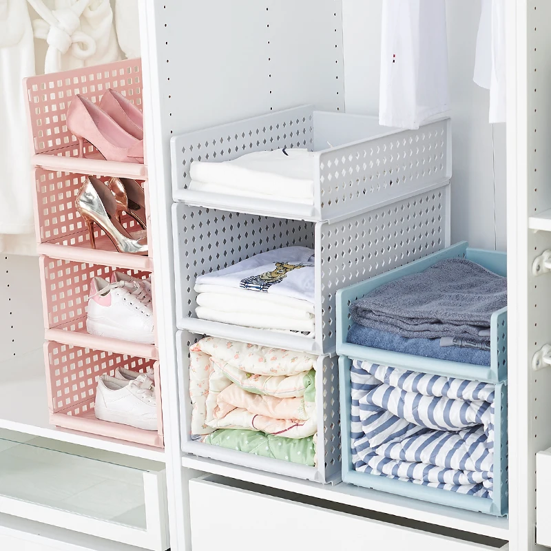 

DIY Wardrobe Partition Storage Basket Clothes Storage Organizer Can Stack Plastic Assembled Shelves Room Organizer