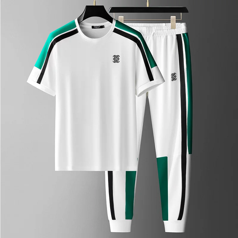 

Luxury brand Fashion short sleeve T-shirt sports suit men's summer slim trend contrast casual trousers two-piece