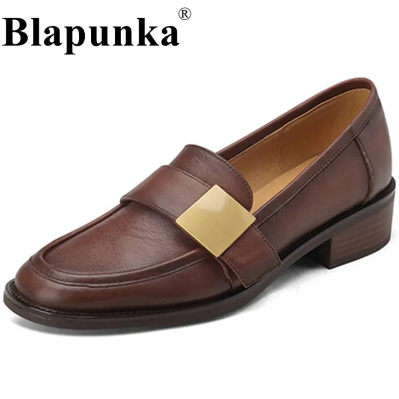 

Blapunka Women Genuine Leather Loafers Handmade High Quality Slip-ons Block Heels Shoes Black Brown Round Toe Loafer Pumps 33-42