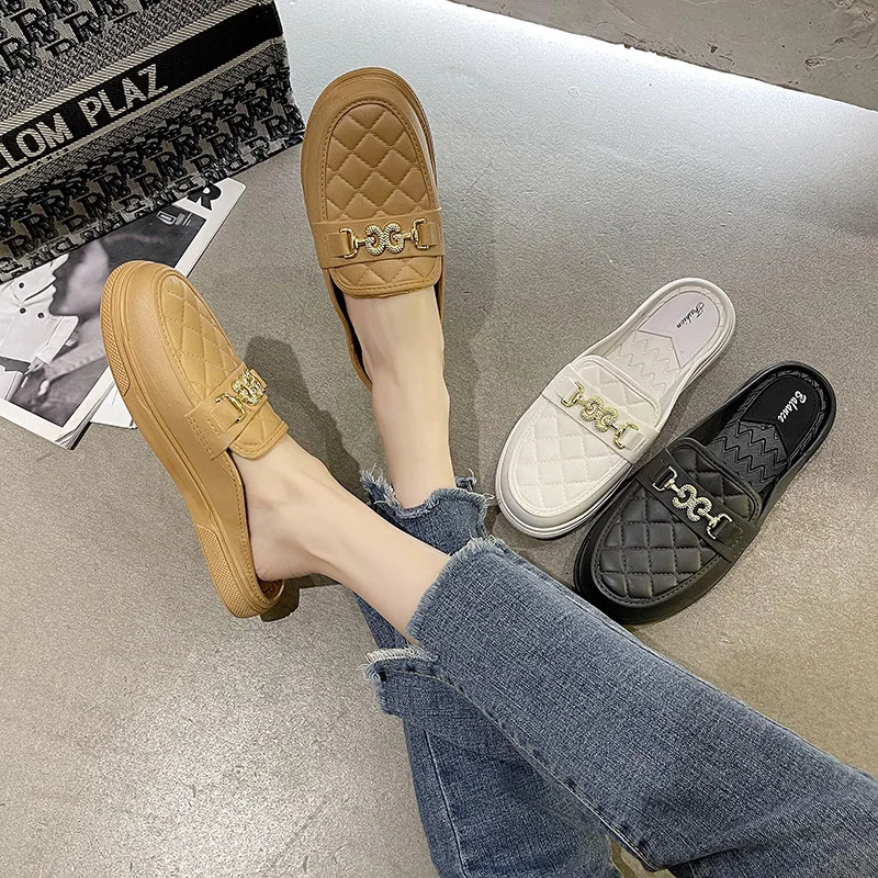 

Rhombus Lattice Texture Outer Wear Slippers Fashion Trendy Shoes for Women 2022 Flat Heel Sandels for Women Summer