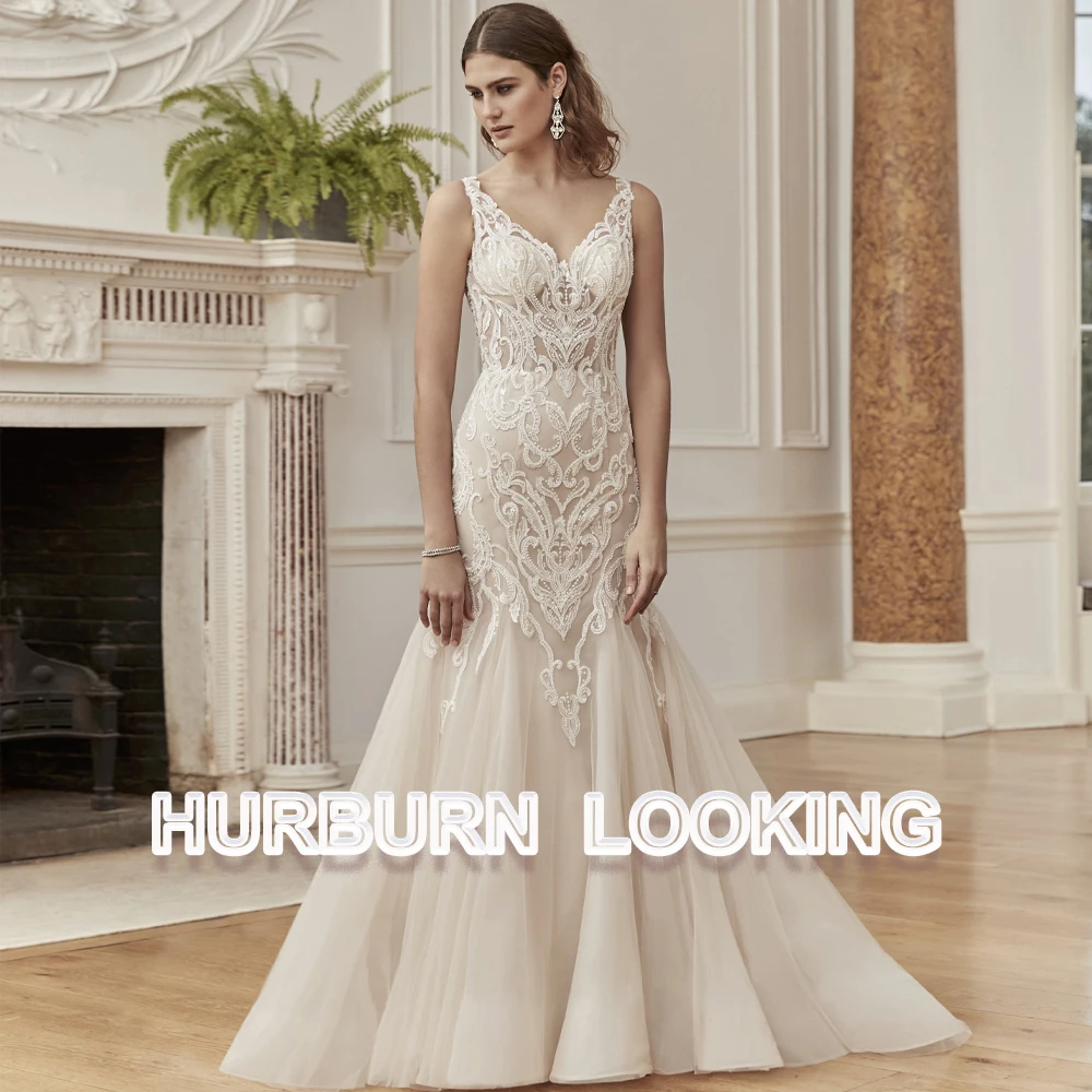 

HERBURN Fashion Mermaid Wedding Dress Bridal V-Neck Tank Sleeveless Pleated Tulle Beauty Modern Customize New Arrival Occasion